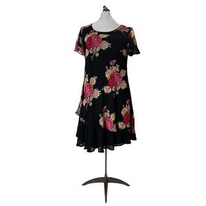 Metro 22 Ladies 2X Black Dress, With Floral Sheer Overlay BoHo